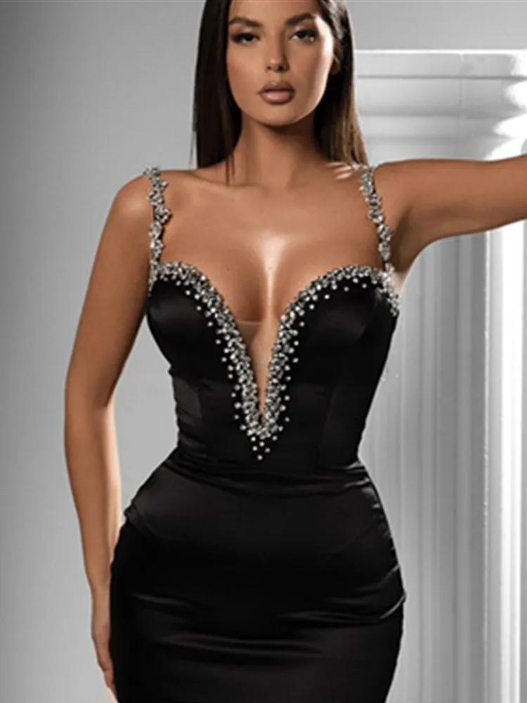 2023 Ново дизайнерско дамско бандажное рокля за парти лято, секси черна рокля на спагети презрамки с кристали, под формата на мини-рокля за вечерни клубове с V-образно деколте Изображение 0