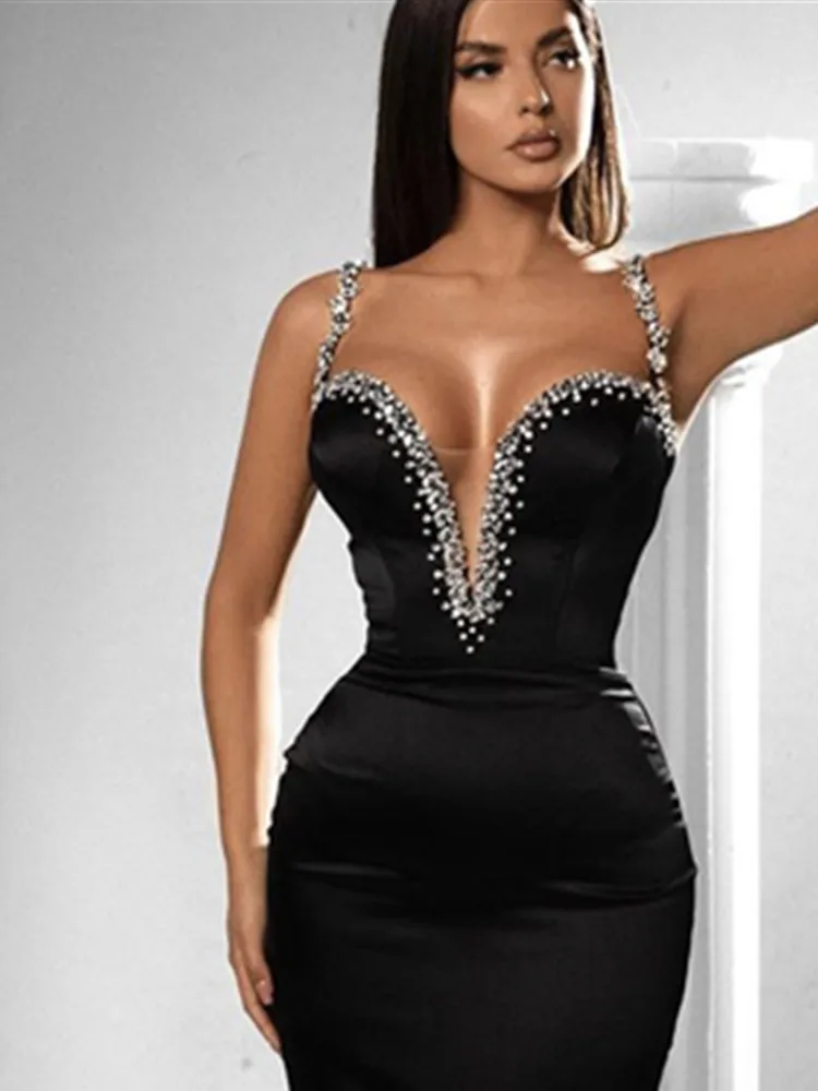 2023 Ново дизайнерско дамско бандажное рокля за парти лято, секси черна рокля на спагети презрамки с кристали, под формата на мини-рокля за вечерни клубове с V-образно деколте Изображение 1