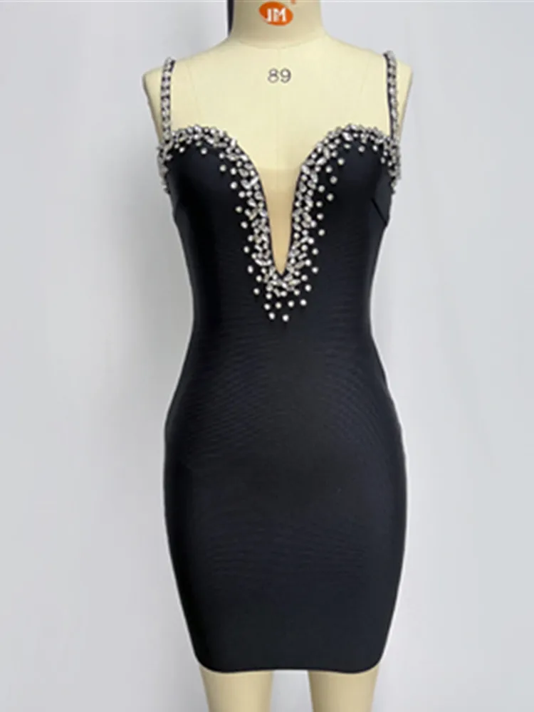 2023 Ново дизайнерско дамско бандажное рокля за парти лято, секси черна рокля на спагети презрамки с кристали, под формата на мини-рокля за вечерни клубове с V-образно деколте Изображение 2