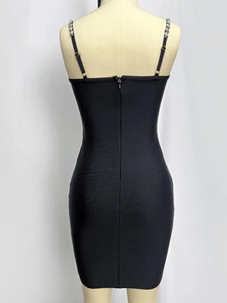 2023 Ново дизайнерско дамско бандажное рокля за парти лято, секси черна рокля на спагети презрамки с кристали, под формата на мини-рокля за вечерни клубове с V-образно деколте Изображение 3