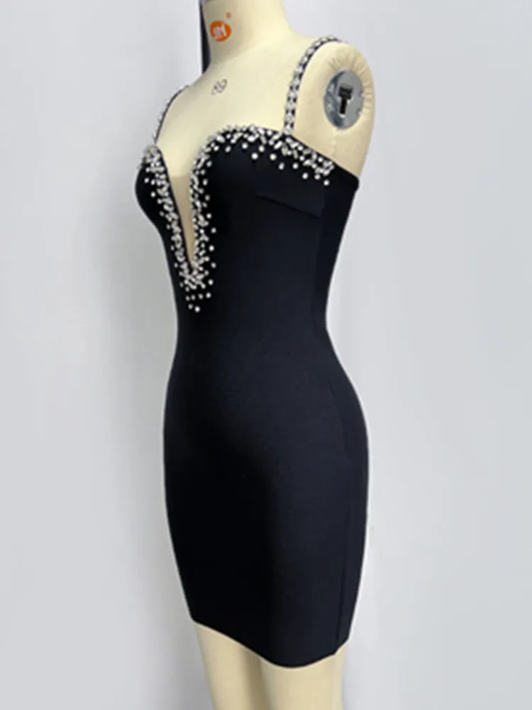 2023 Ново дизайнерско дамско бандажное рокля за парти лято, секси черна рокля на спагети презрамки с кристали, под формата на мини-рокля за вечерни клубове с V-образно деколте Изображение 4