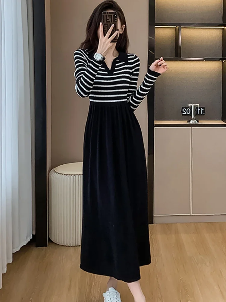2023 Черно вязаное рокля-пуловер райе в стил мозайка, есен-зима, Дебели Топли пуловери, Дамски Корейски реколта Елегантни вечерни рокли Изображение 2