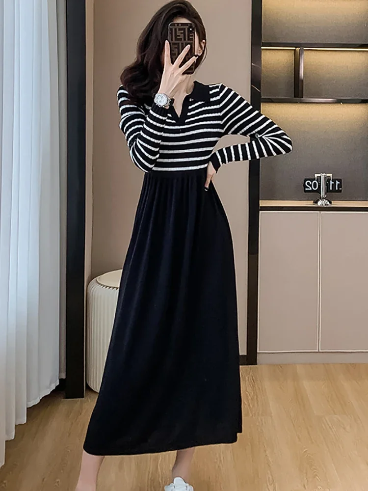 2023 Черно вязаное рокля-пуловер райе в стил мозайка, есен-зима, Дебели Топли пуловери, Дамски Корейски реколта Елегантни вечерни рокли Изображение 3