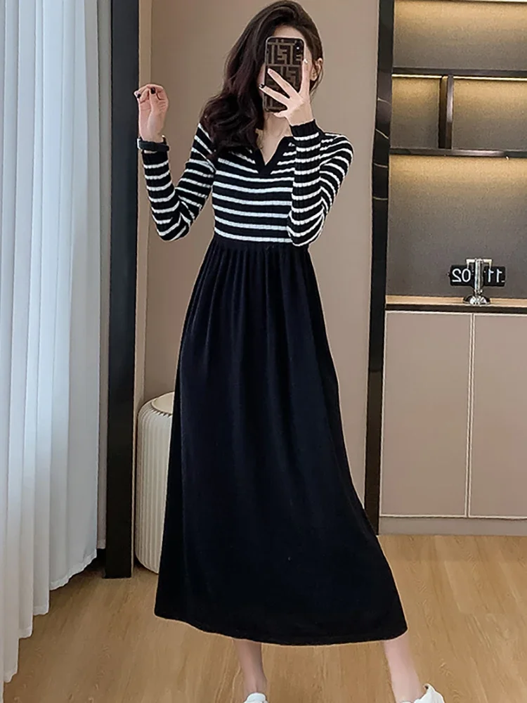 2023 Черно вязаное рокля-пуловер райе в стил мозайка, есен-зима, Дебели Топли пуловери, Дамски Корейски реколта Елегантни вечерни рокли Изображение 5