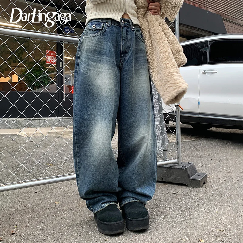 Darlingaga Harajuku Корейски основни Широки дънки, Дънкови панталони с потертыми джобове, Японски панталони капри Y2K с директни штанинами, Шикозни Изображение 0