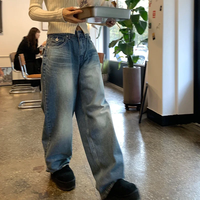 Darlingaga Harajuku Корейски основни Широки дънки, Дънкови панталони с потертыми джобове, Японски панталони капри Y2K с директни штанинами, Шикозни Изображение 2