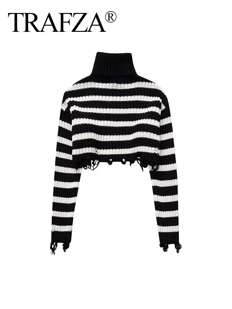 TRAFZA Пролетта Нов дамски Моден Кратък пуловер с висока яка в черно-бяла лента и дълги ръкави Модерен Универсален Пуловер Изображение 0
