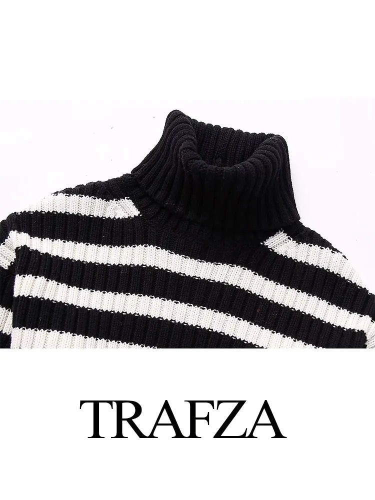 TRAFZA Пролетта Нов дамски Моден Кратък пуловер с висока яка в черно-бяла лента и дълги ръкави Модерен Универсален Пуловер Изображение 1