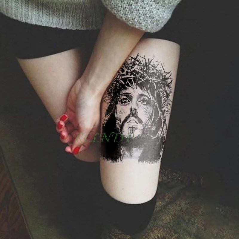 Водоустойчив Временна Татуировка Стикер Исус Фалшива Татуировка Флаш Татуировка на Крака Ръка върти Голям размер боди-арт за Мъже Момиче Жените Изображение 1