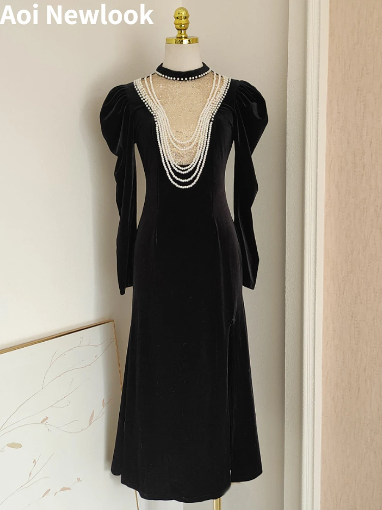 Елегантна черна бархатное рокля за крайградски пътувания, женствена рокля 2024, пролет-есен, нова окото, расшитая мъниста, приталенная облекло за празнични партита Изображение 0