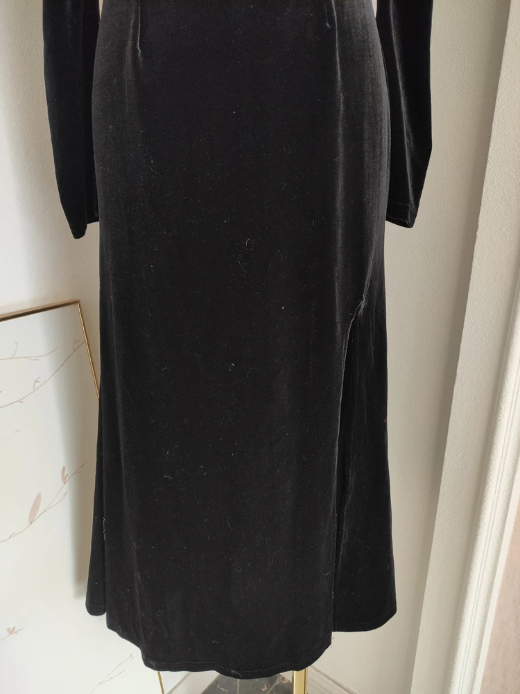 Елегантна черна бархатное рокля за крайградски пътувания, женствена рокля 2024, пролет-есен, нова окото, расшитая мъниста, приталенная облекло за празнични партита Изображение 2
