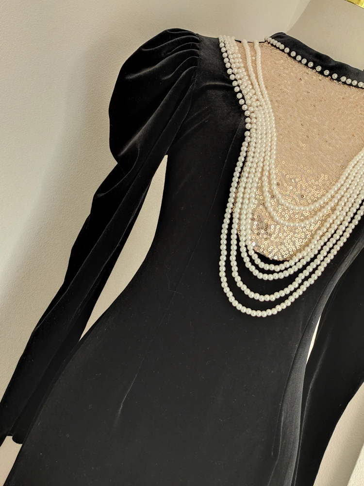 Елегантна черна бархатное рокля за крайградски пътувания, женствена рокля 2024, пролет-есен, нова окото, расшитая мъниста, приталенная облекло за празнични партита Изображение 3