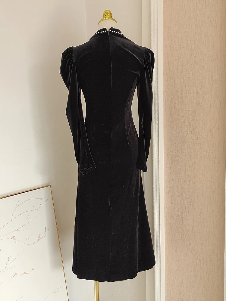 Елегантна черна бархатное рокля за крайградски пътувания, женствена рокля 2024, пролет-есен, нова окото, расшитая мъниста, приталенная облекло за празнични партита Изображение 5