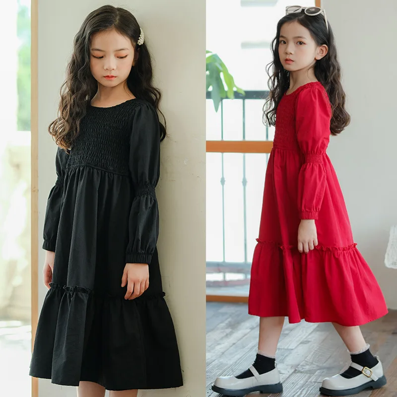 есенно-зимния нейлоновое рокля-клеш за малки момичета, черно-червена рокля-клеш от 6 до 16 години, модни обикновена рокля с волани за момичета Изображение 1