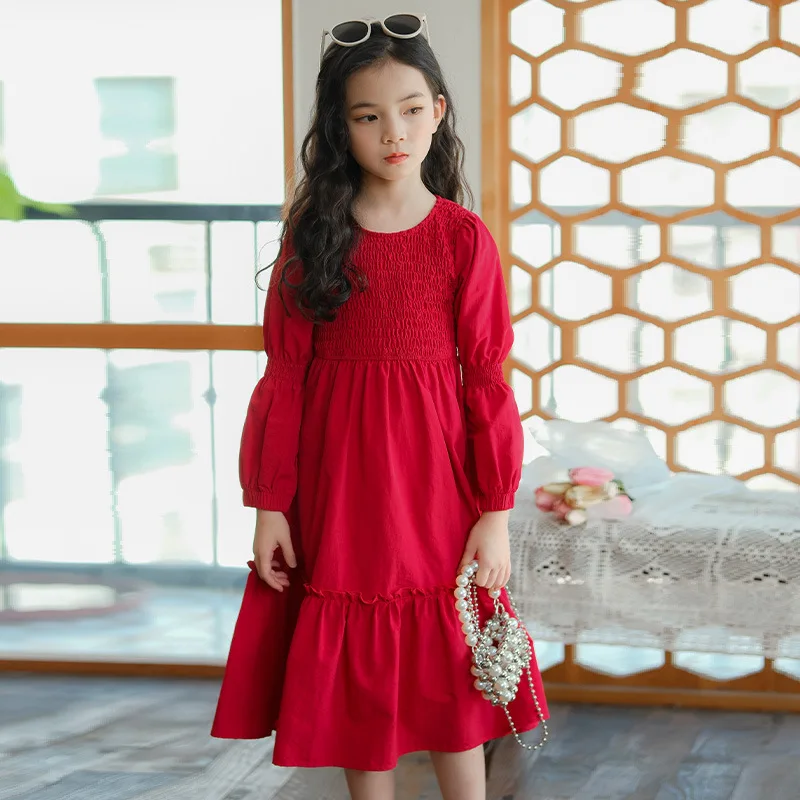 есенно-зимния нейлоновое рокля-клеш за малки момичета, черно-червена рокля-клеш от 6 до 16 години, модни обикновена рокля с волани за момичета Изображение 3