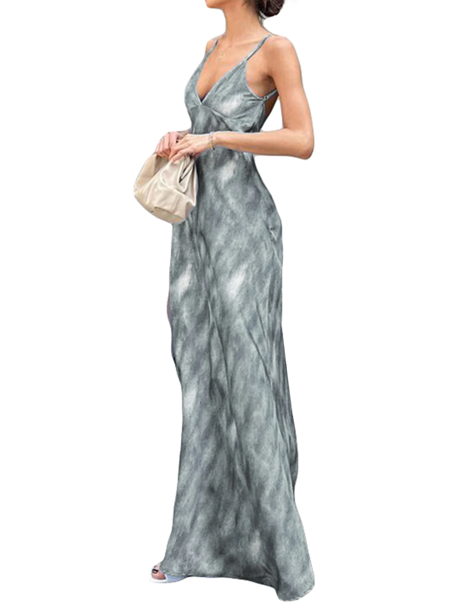 Жена Макси рокля без ръкави с цветен принтом, V-образно деколте, облегалка в стил Бохо рокля на бретелях за лятна плажна партита Изображение 3