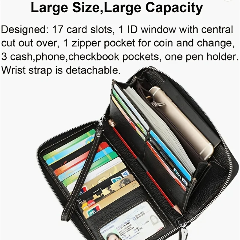 Жена чантата с RFID заключване от 100% кожа голям капацитет за съхранение с цип държач за телефон, клатч, пътна чанта, гривна-маншет Изображение 3