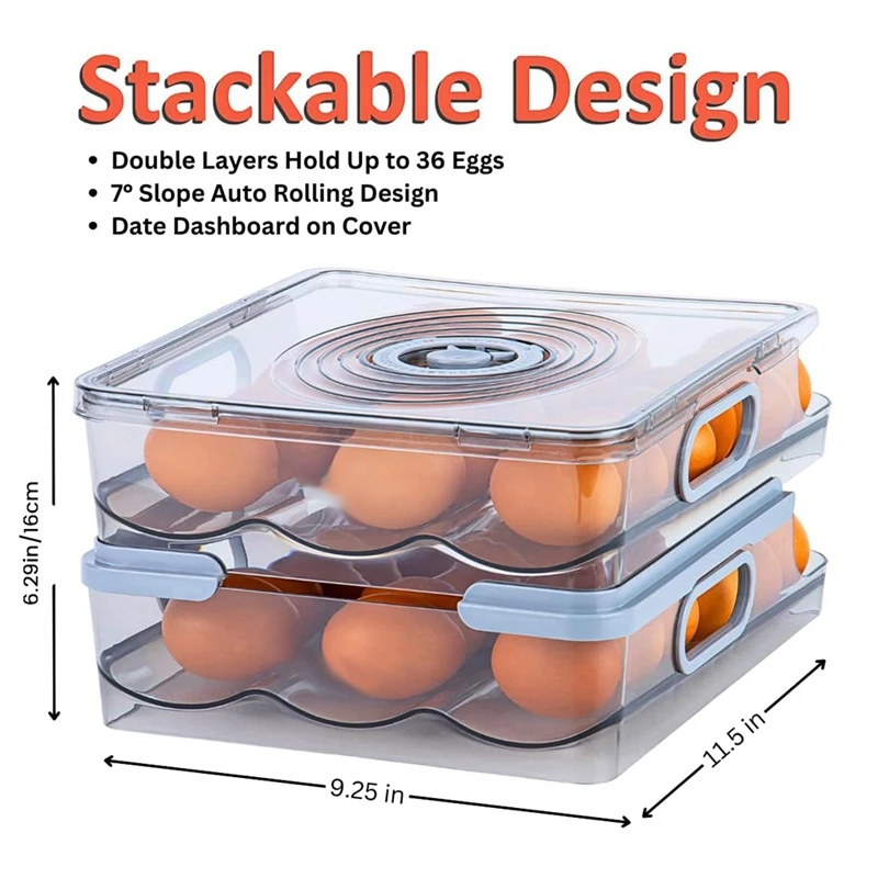Контейнер за яйца За хладилника: Картонени кутии за яйца, Автоматично Закатывающийся Титуляр за яйца За хладилник С Мащаб на времето и здрав капак Изображение 5
