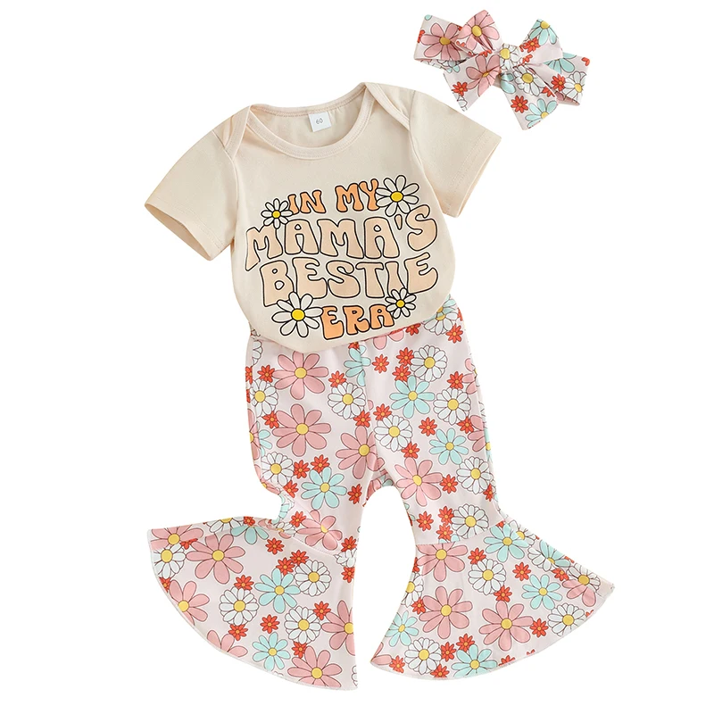 Летни дрехи за новородени момичета, гащеризон с къс ръкав и забавни букви, топ, разкроена панталони с цветен модел, Комплект превръзка на главата, Бохо-камбанка Изображение 2