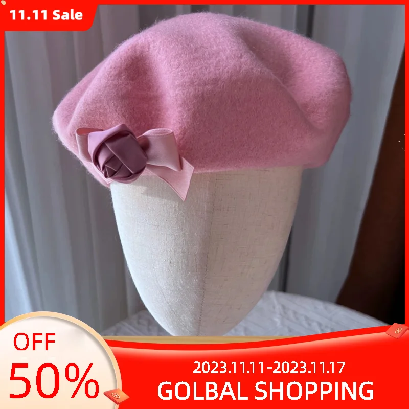 Нови дамски зимни шапки розов цвят, вълнени барети, сладка шапчица в стила на Фреш с цветен модел за момичета, прическа, тюрбан за жени Изображение 0