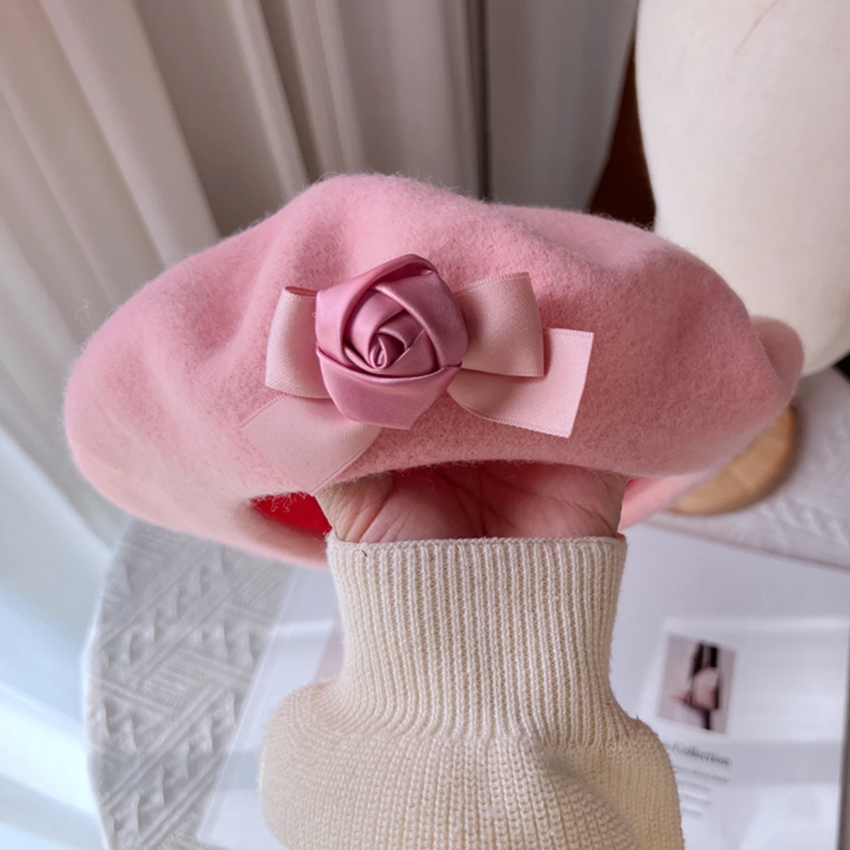 Нови дамски зимни шапки розов цвят, вълнени барети, сладка шапчица в стила на Фреш с цветен модел за момичета, прическа, тюрбан за жени Изображение 1