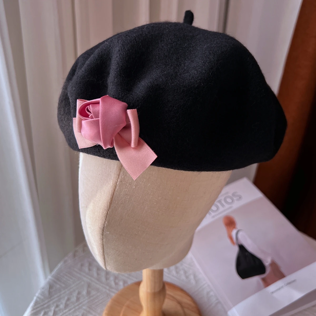 Нови дамски зимни шапки розов цвят, вълнени барети, сладка шапчица в стила на Фреш с цветен модел за момичета, прическа, тюрбан за жени Изображение 3