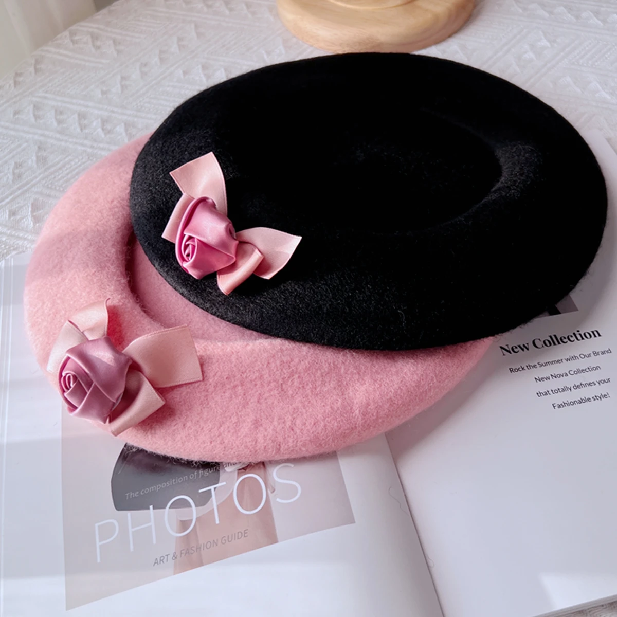 Нови дамски зимни шапки розов цвят, вълнени барети, сладка шапчица в стила на Фреш с цветен модел за момичета, прическа, тюрбан за жени Изображение 5