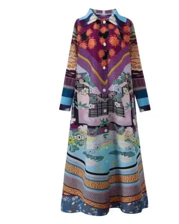 Плиссированный жилетка-поло с дълъг ръкав и яка-поло Miyake 2024, пролетта на Нова принт, midi-принт, приталенное, модерно улично рокля в ретро стил Изображение 5