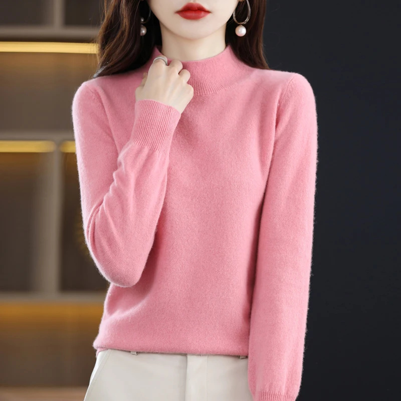 пуловер от 100% чиста вълна, дамски пуловер на лигавицата с полувысоким яка, пуловер свободно, намаляване, есенно-зимна долната риза. Изображение 0