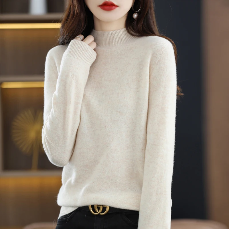 пуловер от 100% чиста вълна, дамски пуловер на лигавицата с полувысоким яка, пуловер свободно, намаляване, есенно-зимна долната риза. Изображение 2