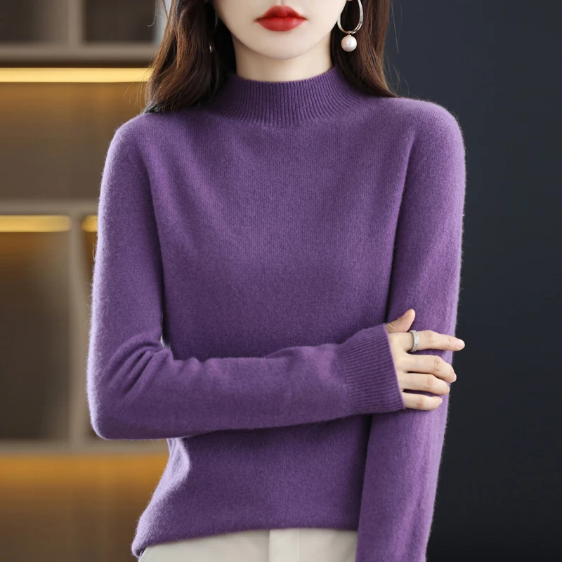 пуловер от 100% чиста вълна, дамски пуловер на лигавицата с полувысоким яка, пуловер свободно, намаляване, есенно-зимна долната риза. Изображение 3