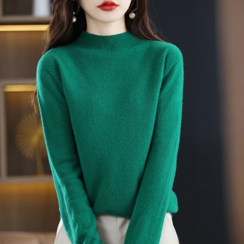 пуловер от 100% чиста вълна, дамски пуловер на лигавицата с полувысоким яка, пуловер свободно, намаляване, есенно-зимна долната риза. Изображение 4