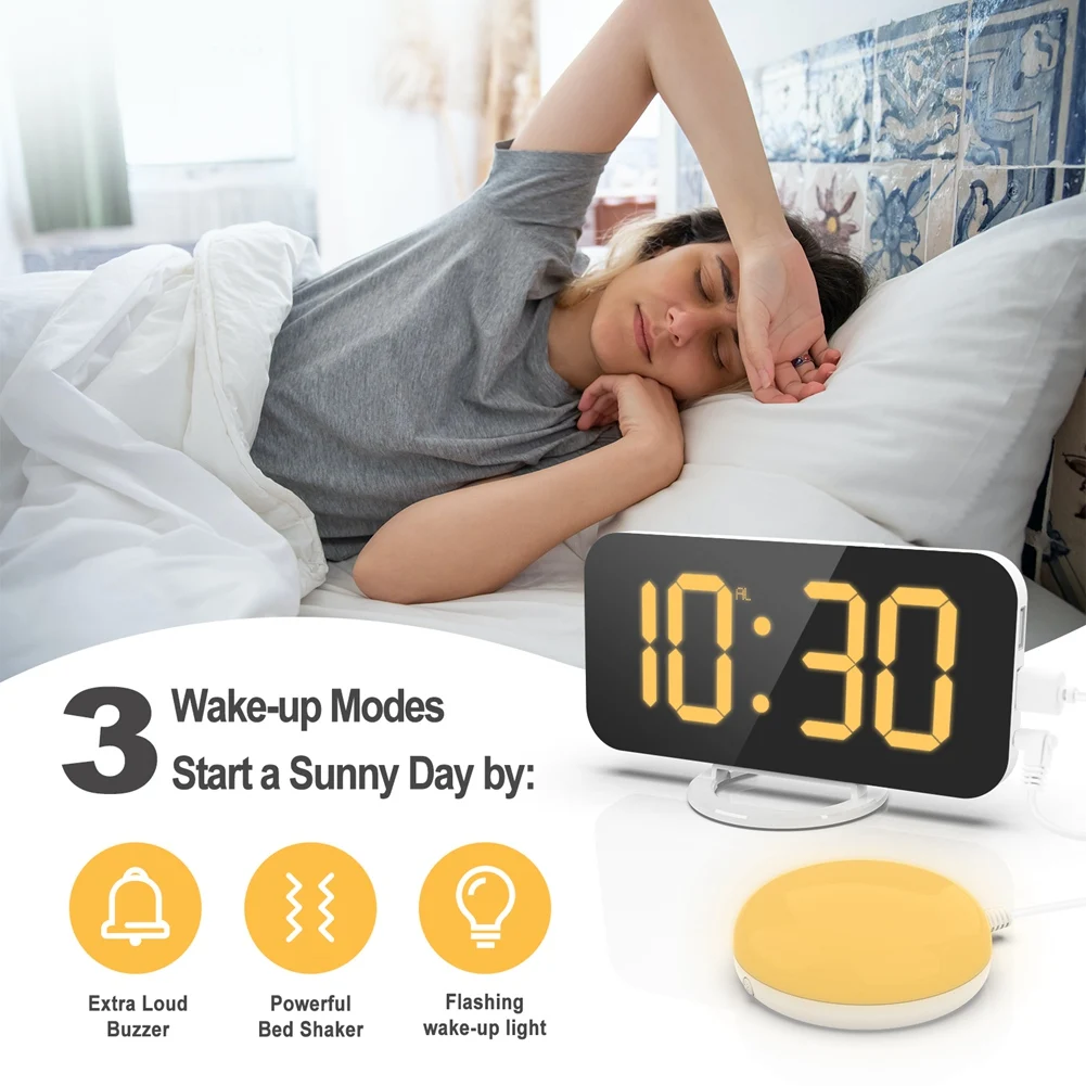 Силен цифров часовник с аларма за здраво спящи възрастни с шейкером, зарядно устройство с 2 USB, регулируема led подсветка, функция за повторение, будилник Изображение 2