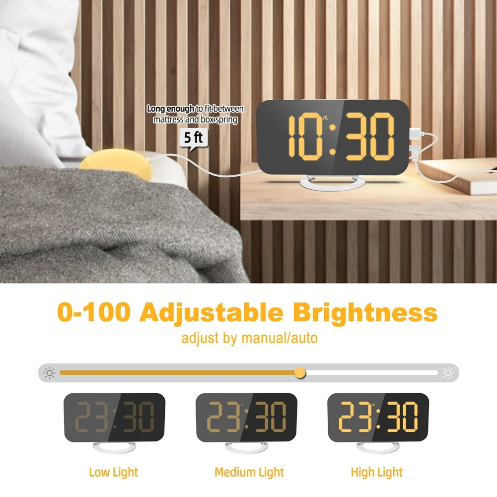 Силен цифров часовник с аларма за здраво спящи възрастни с шейкером, зарядно устройство с 2 USB, регулируема led подсветка, функция за повторение, будилник Изображение 3