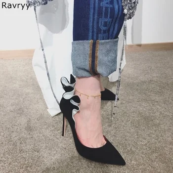 2018 г., дамски черен велур, интериор на висок ток с волани, Елегантни дамски официални модела обувки с остри пръсти, секси високи обувки-лодка на висок ток