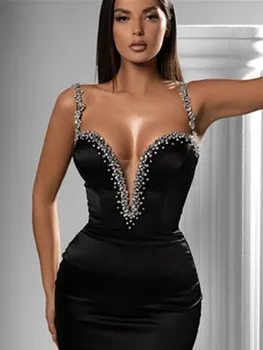 2023 Ново дизайнерско дамско бандажное рокля за парти лято, секси черна рокля на спагети презрамки с кристали, под формата на мини-рокля за вечерни клубове с V-образно деколте
