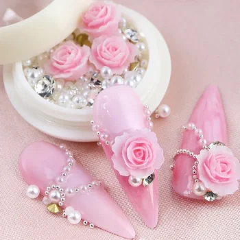 3D Окачване за нокти под формата на розова роза, бижута, изработени от планински кристал, перли, детайли за нокти, аксесоари за маникюр, направени със собствените си ръце в Деня на Св. Валентин