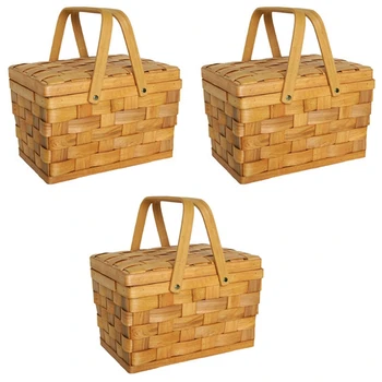 3X Кошница за пикник във френски стил, С кошници, Походный кутия за съхранение, за украса на маса за торта, Снимка, хранене, Цвят дърво ръчна изработка