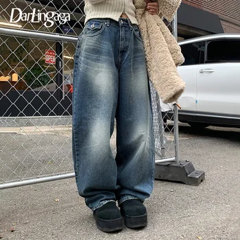 Darlingaga Harajuku Корейски основни Широки дънки, Дънкови панталони с потертыми джобове, Японски панталони капри Y2K с директни штанинами, Шикозни