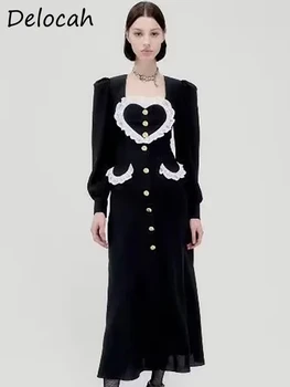 Delocah, висококачествено дамско модно дизайнерско дълга рокля Ранна пролет с ръкав-фенерче, завързана покритие на дъното, черни рокли трапецовидна форма в стил мозайка