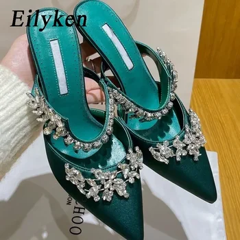 Eilyken/ дамски обувки-лодка с блестящи кристали и диаманти, чехли, чубрица обувките на тънък висок ток за банкет, парти, нощен клуб, плъзгащи се обувки-като мулета