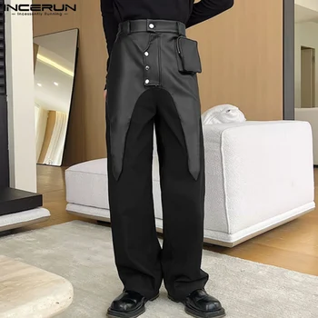 INCERUN 2023, Мъжки Панталони В Корейски Стил, Деконструированный Дизайн, Сращенные Панталони, Модерни Мъжки Дълги Панталони От Изкуствена Кожа С джоб S-5XL