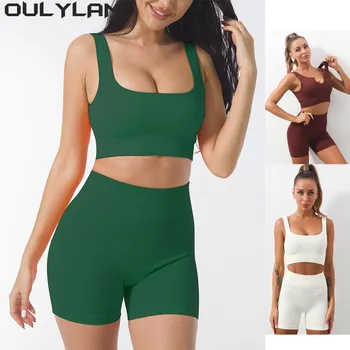 Oulylan Атлетик 2 бр. женски комплект за йога, спортен комплект, секси сутиен, безшевни спортни къси панталони, дрехи за тренировки, спортни дрехи, спортно облекло