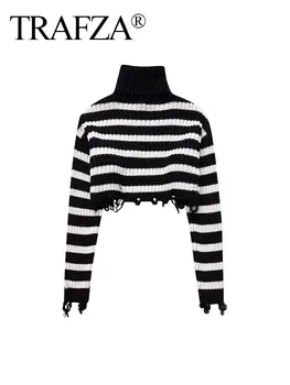 TRAFZA Пролетта Нов дамски Моден Кратък пуловер с висока яка в черно-бяла лента и дълги ръкави Модерен Универсален Пуловер