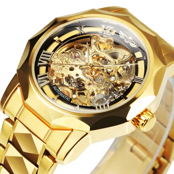 WINNER Dodecagon Златни Механични часовници с резным механизъм Луксозни мъжки автоматичен часовник с виртуален скелет Каишка от неръждаема стомана светлинен