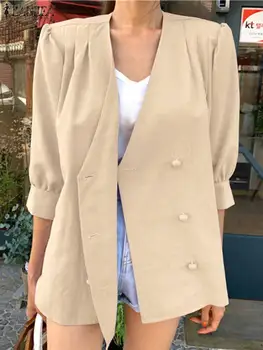 ZANZEA Елегантен официален блейзър, Модни дамски обикновена якета, Лято 2023, Ежедневни палто с пищни ръкави, Двубортная връхни дрехи копчета