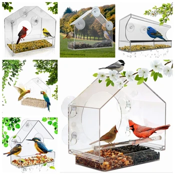 А за птици с прозрачен прозорец, акрилни тава за хранене на птици, Птичи къща, фидер за домашни любимци, търтей, за да инсталирате, Вид на хранилки за дома