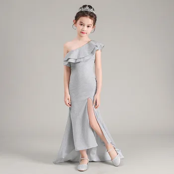 Блестящо сребро дълга рокля с цепка под формата на ласточкиного на опашката за тийнейджърка, вечерни рокли за парти по случай рожден ден, Детско бална рокля за бала, за 3-14 години