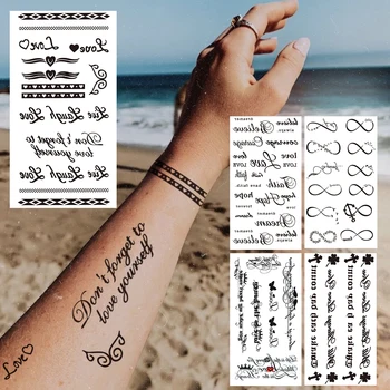 Временна татуировка с малка буква за деца, жени, Безкрайни минималистичные думи, фалшиви татуировки, стикер, черни шпажки, татуировка на ключицах под формата на детелина