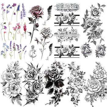 Временни татуировки под формата на цветя за жени, деца, лавандула, лилия, маргаритка, фалшива татуировка, божур, флора, роза, черна водоустойчива голяма татуировка на китката